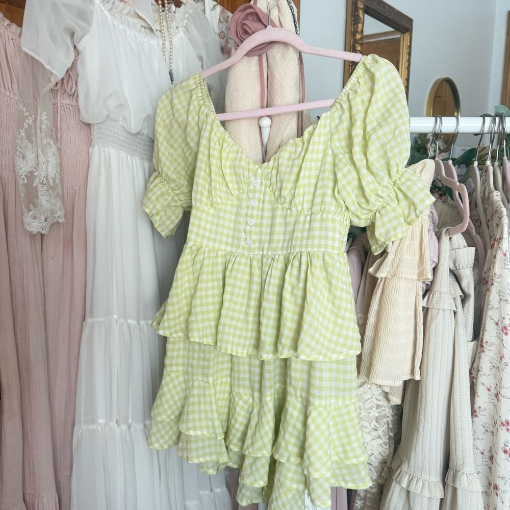 Light Green Gingham Ruffled Romper - image 1